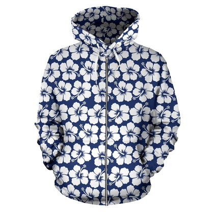 Hibiscus Blue Hawaiian Flower Pattern Zip Up Hoodie
