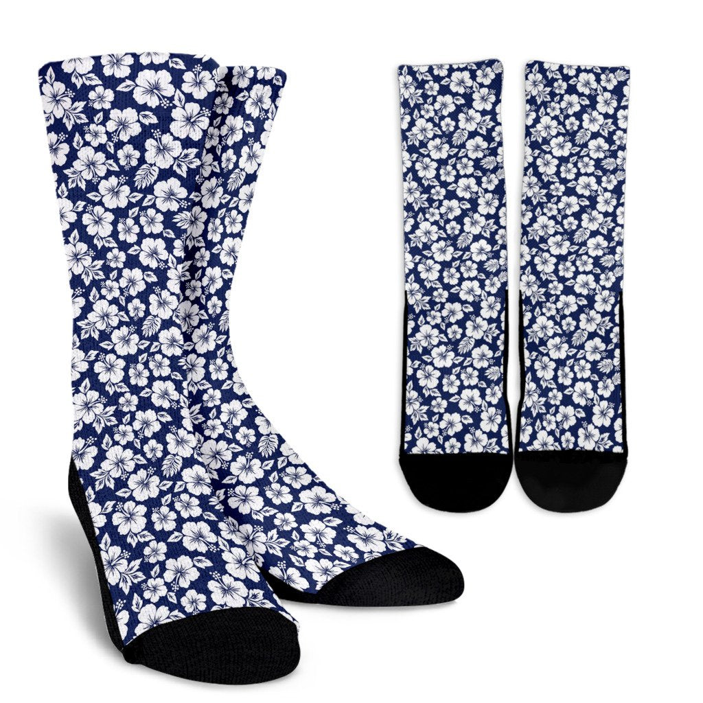 Hibiscus Blue Hawaiian Flower Style Crew Socks