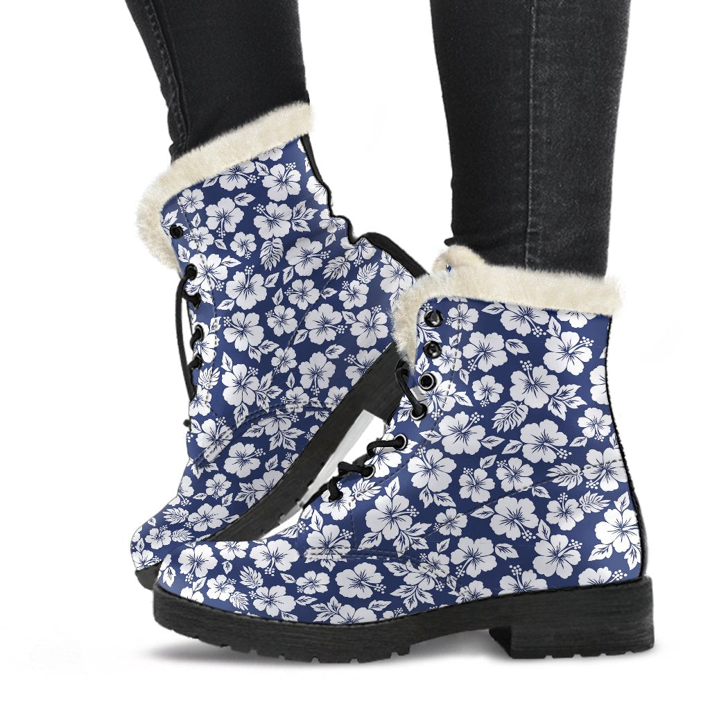 Hibiscus Blue Hawaiian Flower Style Faux Fur Leather Boots-JTAMIGO.COM