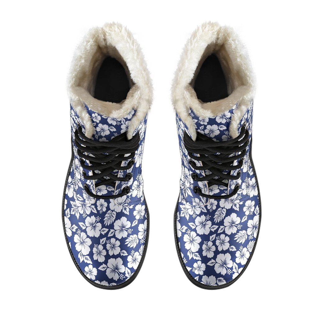 Hibiscus Blue Hawaiian Flower Style Faux Fur Leather Boots-JTAMIGO.COM