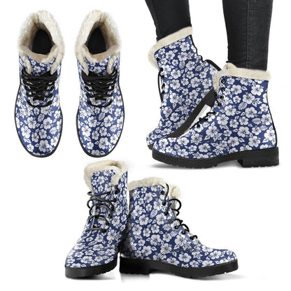 Hibiscus Blue Hawaiian Flower Style Faux Fur Leather Boots-JTAMIGO.COM