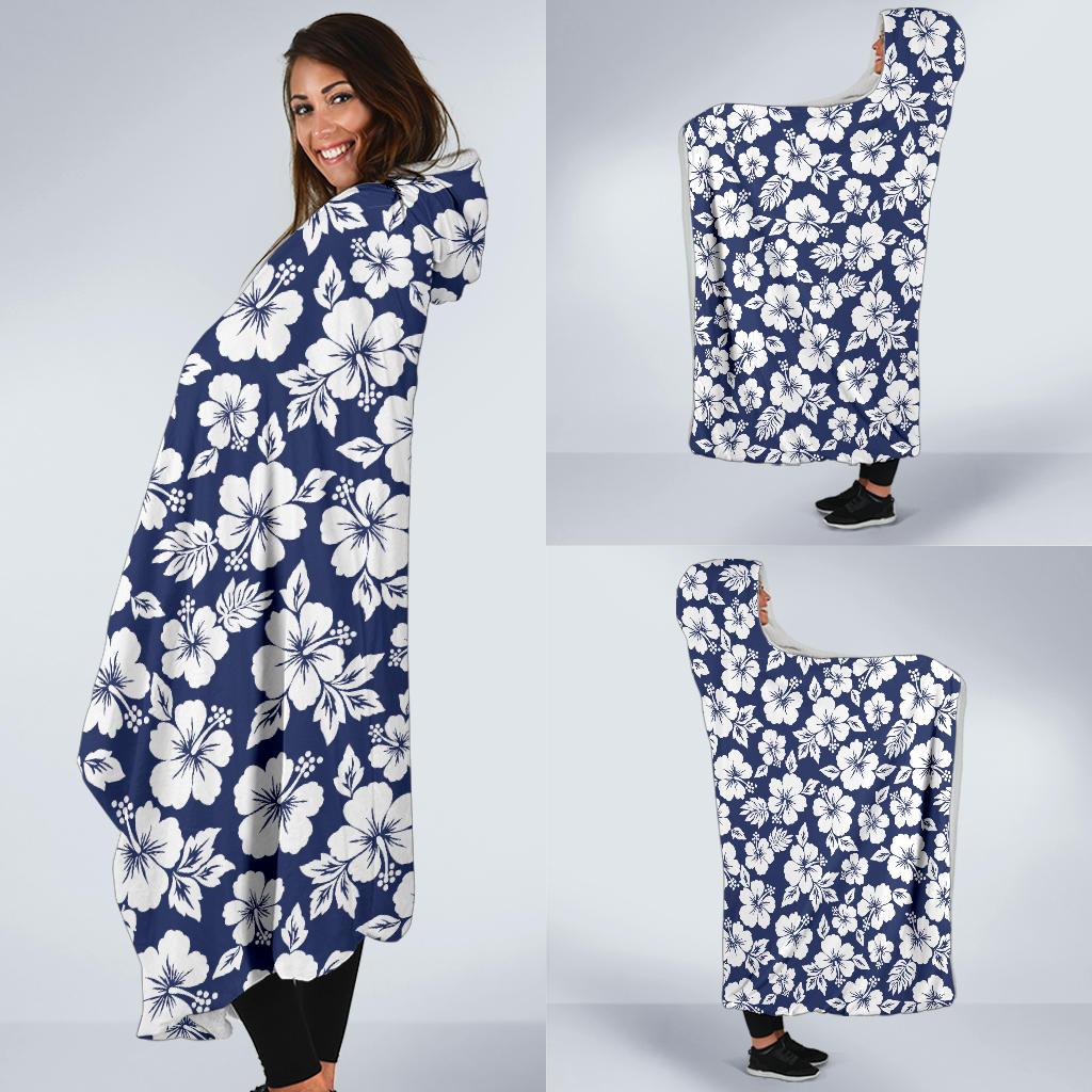 Hibiscus Blue Hawaiian Flower Style Hooded Blanket-JTAMIGO.COM