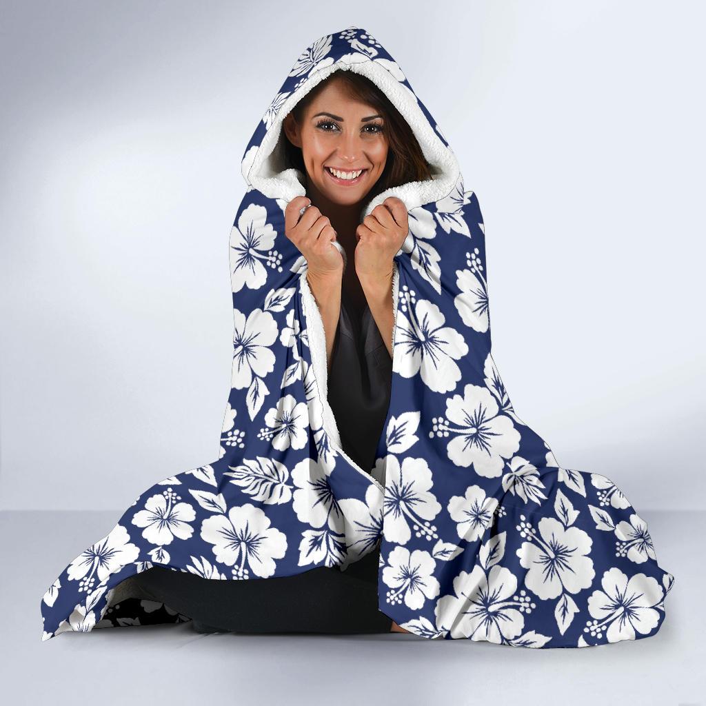 Hibiscus Blue Hawaiian Flower Style Hooded Blanket-JTAMIGO.COM