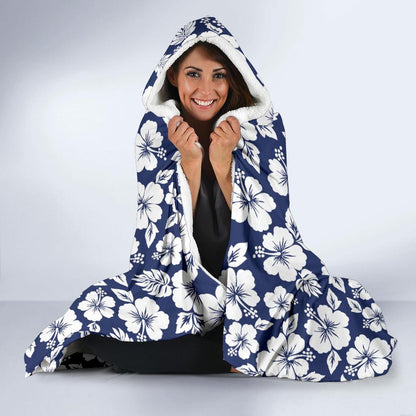 Hibiscus Blue Hawaiian Flower Style Hooded Blanket-JTAMIGO.COM