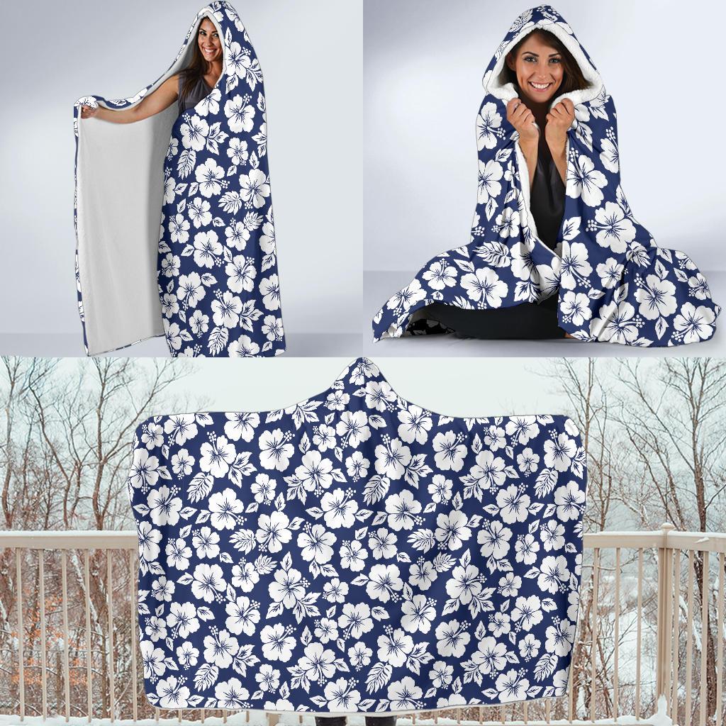Hibiscus Blue Hawaiian Flower Style Hooded Blanket-JTAMIGO.COM