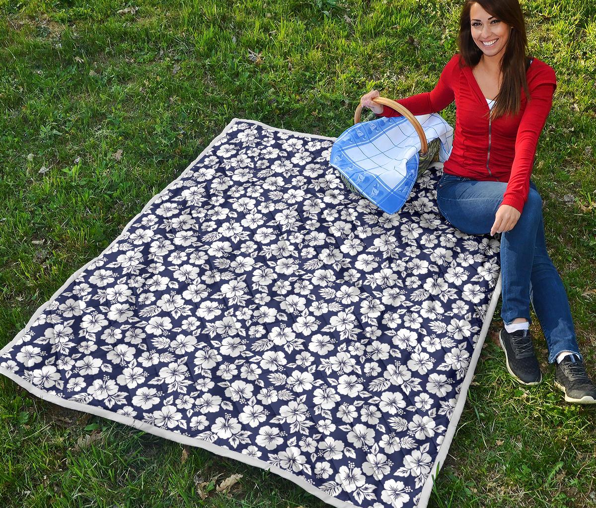 Hibiscus Blue Hawaiian Flower Style Premium Quilt-JTAMIGO.COM