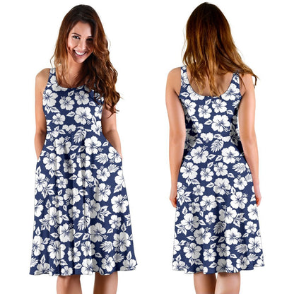 Hibiscus Blue Hawaiian Flower Style Sleeveless Dress