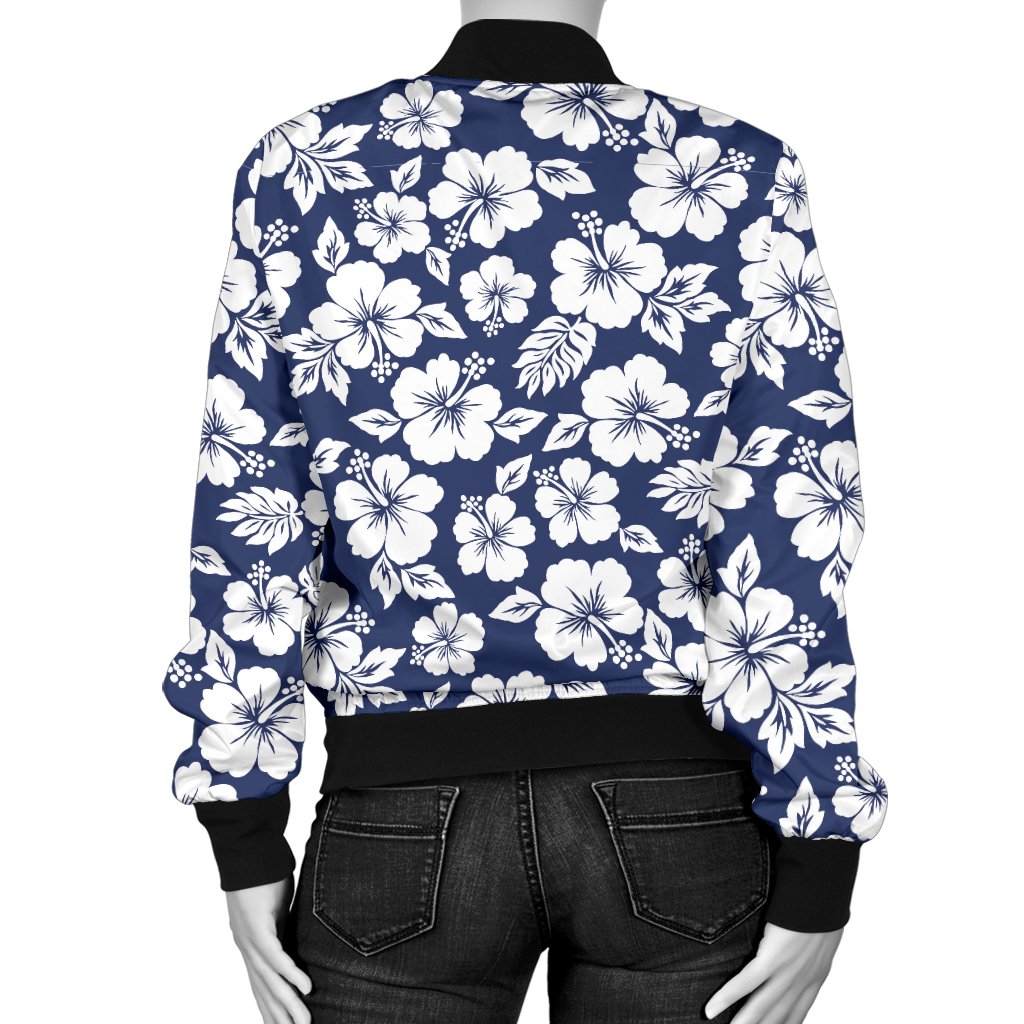 Hibiscus Blue Hawaiian Flower Style Women Casual Bomber Jacket