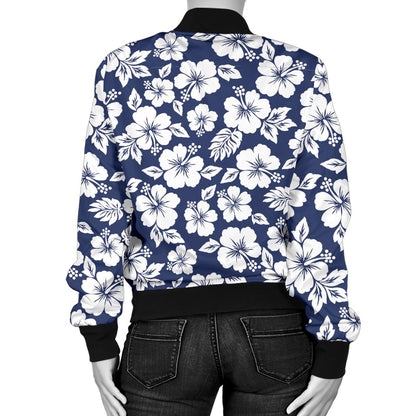 Hibiscus Blue Hawaiian Flower Style Women Casual Bomber Jacket
