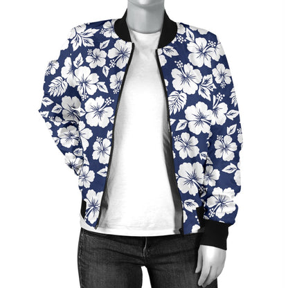Hibiscus Blue Hawaiian Flower Style Women Casual Bomber Jacket