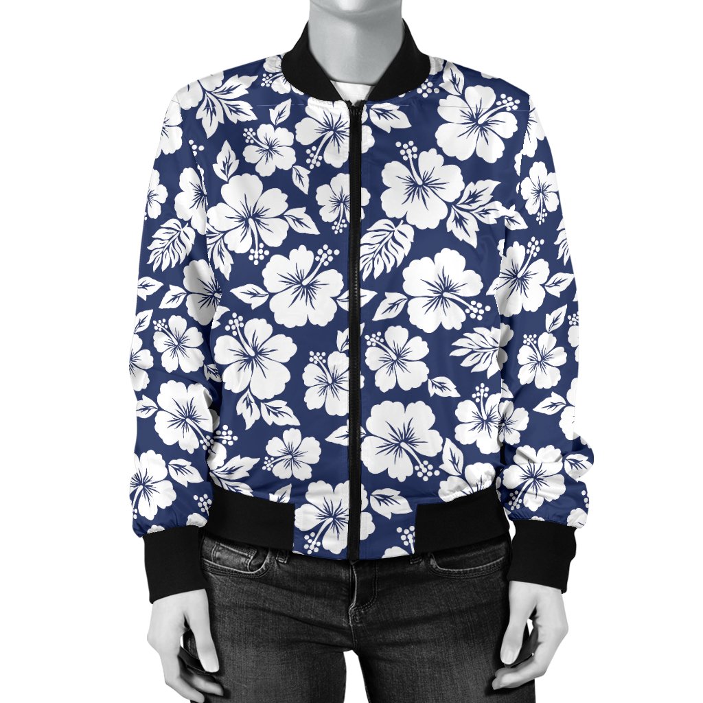 Hibiscus Blue Hawaiian Flower Style Women Casual Bomber Jacket