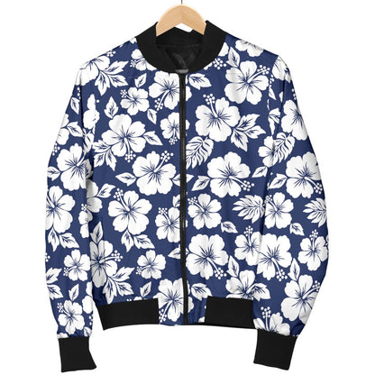 Hibiscus Blue Hawaiian Flower Style Women Casual Bomber Jacket