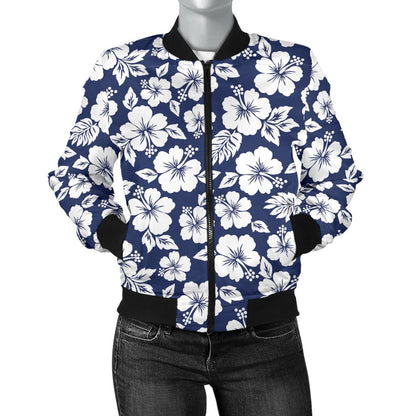 Hibiscus Blue Hawaiian Flower Style Women Casual Bomber Jacket