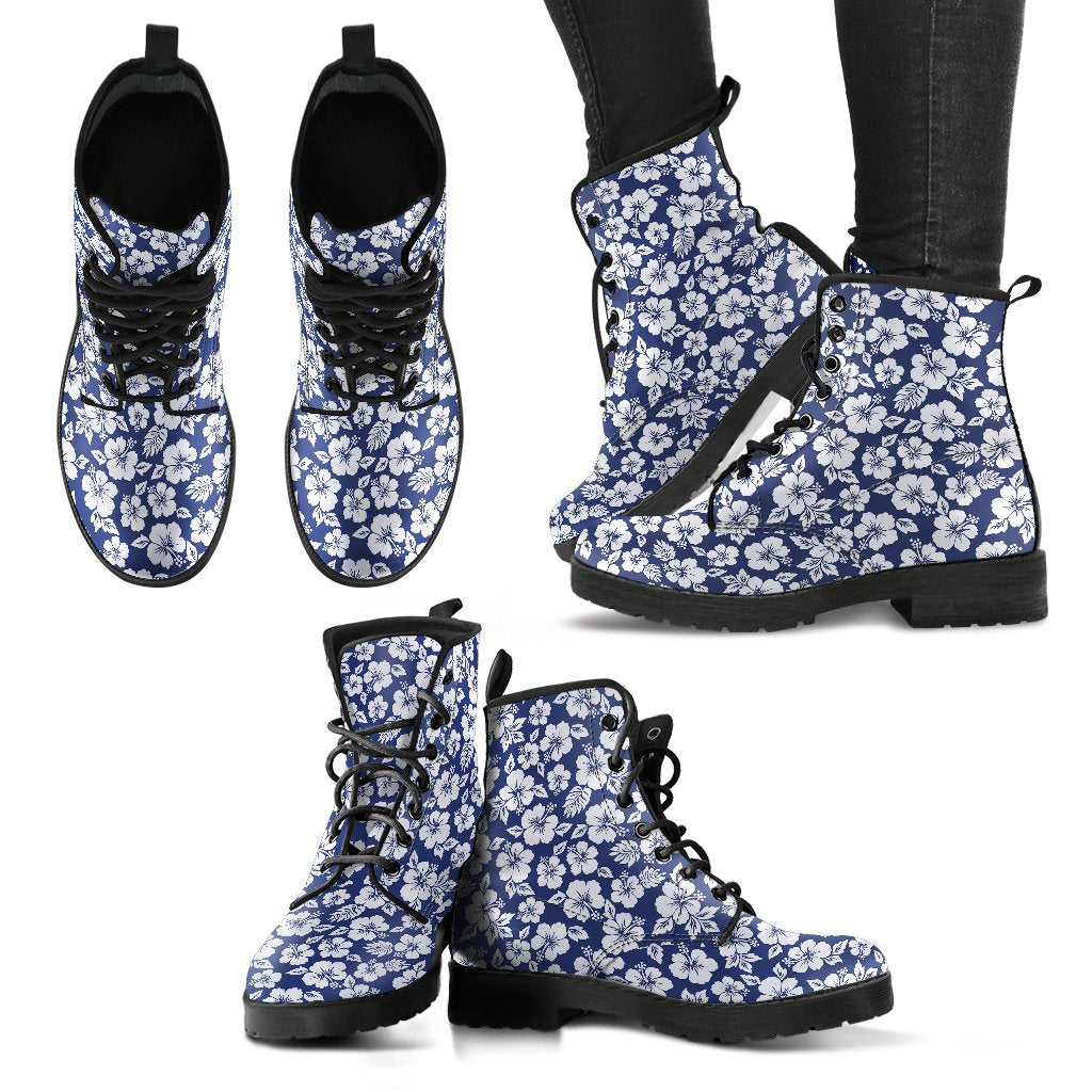 Hibiscus Blue Hawaiian Flower Style Women Leather Boots-JTAMIGO.COM