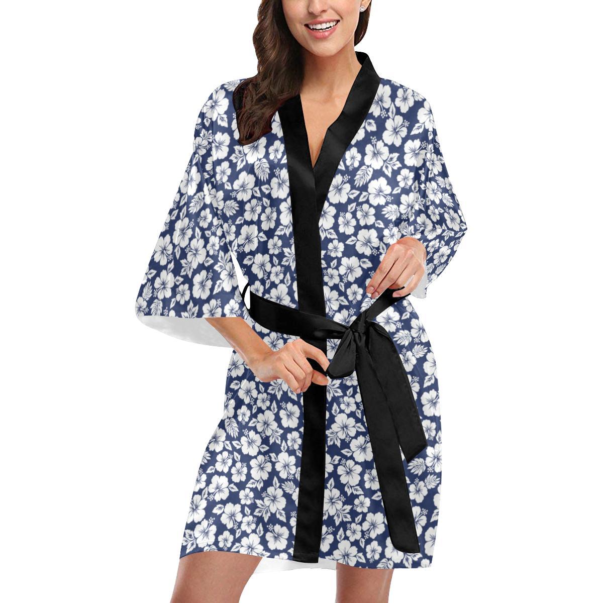 Hibiscus Blue Hawaiian Flower Style Women Short Kimono Robe