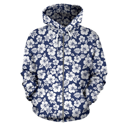 Hibiscus Blue Hawaiian Flower Style Zip Up Hoodie