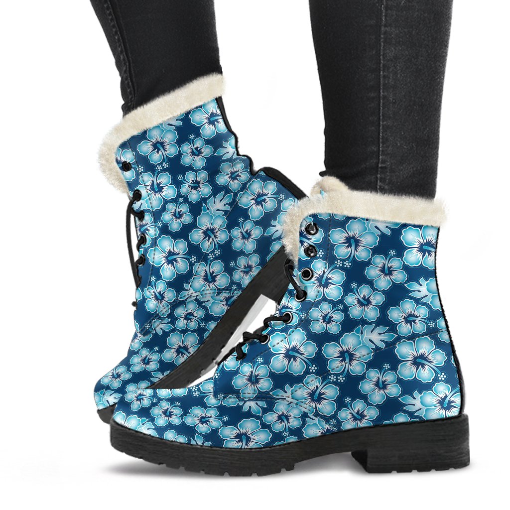 Hibiscus Flower Hawaiian Themed Faux Fur Leather Boots-JTAMIGO.COM