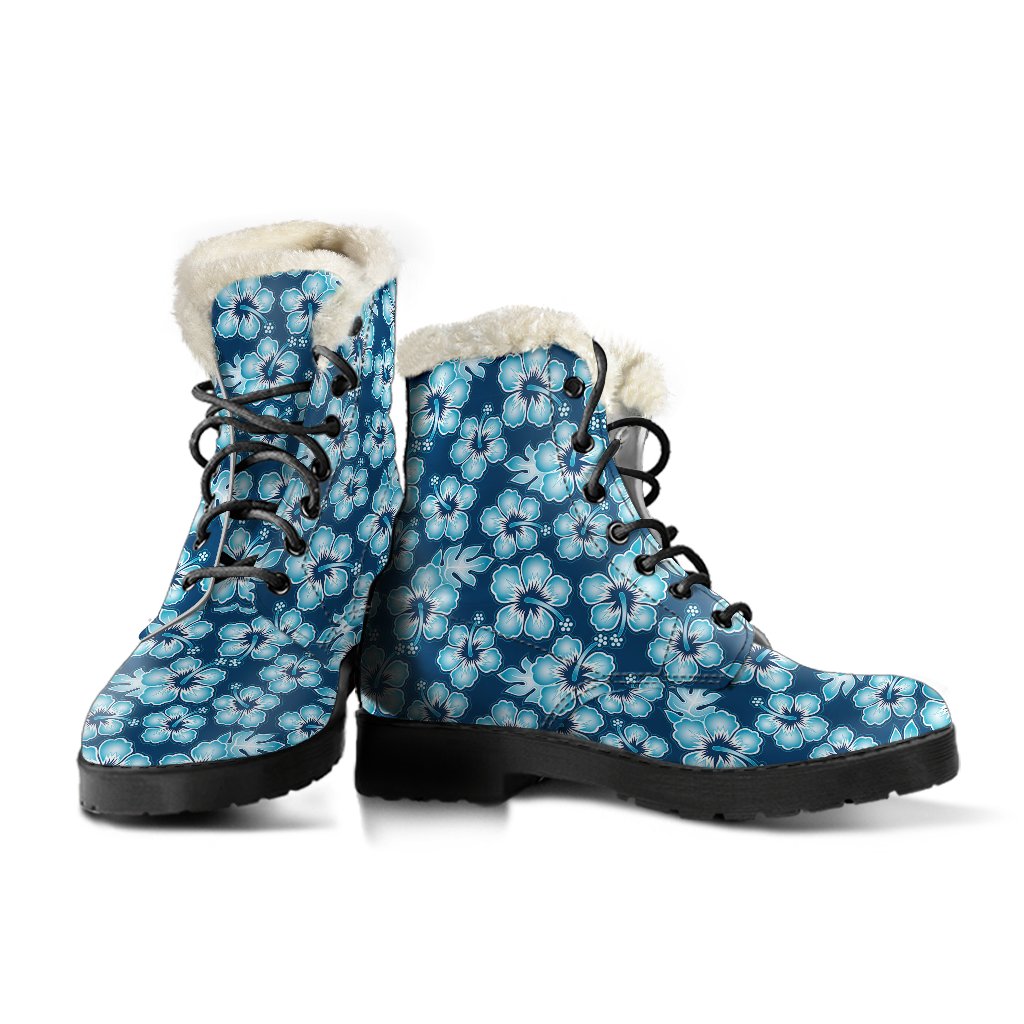 Hibiscus Flower Hawaiian Themed Faux Fur Leather Boots-JTAMIGO.COM