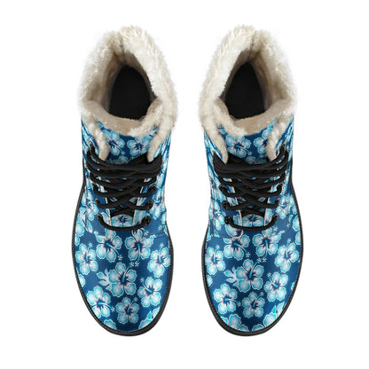 Hibiscus Flower Hawaiian Themed Faux Fur Leather Boots-JTAMIGO.COM