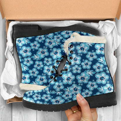 Hibiscus Flower Hawaiian Themed Faux Fur Leather Boots-JTAMIGO.COM