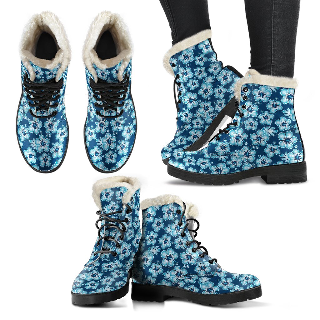 Hibiscus Flower Hawaiian Themed Faux Fur Leather Boots-JTAMIGO.COM