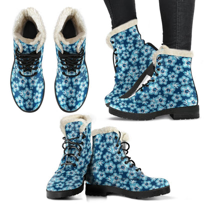 Hibiscus Flower Hawaiian Themed Faux Fur Leather Boots-JTAMIGO.COM