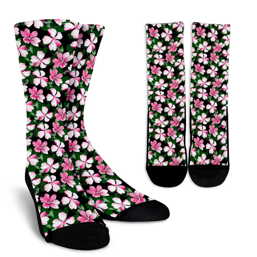 Hibiscus Pink Flower Hawaiian Print Crew Socks