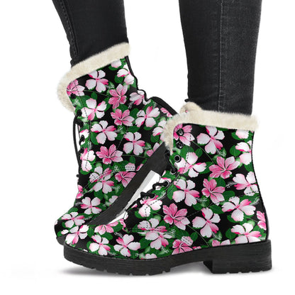 Hibiscus Pink Flower Hawaiian Print Faux Fur Leather Boots-JTAMIGO.COM