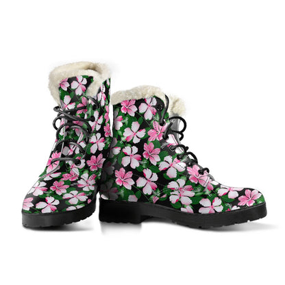 Hibiscus Pink Flower Hawaiian Print Faux Fur Leather Boots-JTAMIGO.COM
