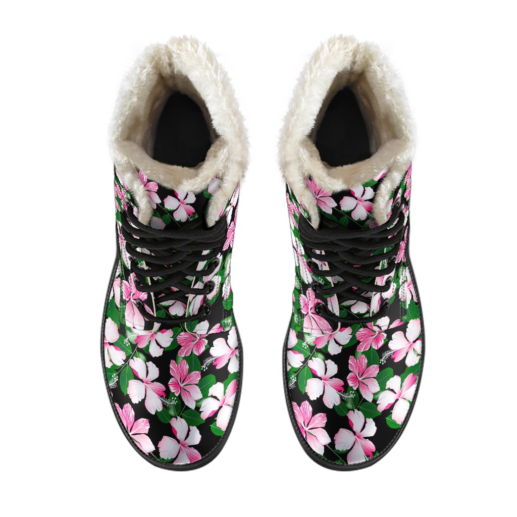 Hibiscus Pink Flower Hawaiian Print Faux Fur Leather Boots-JTAMIGO.COM