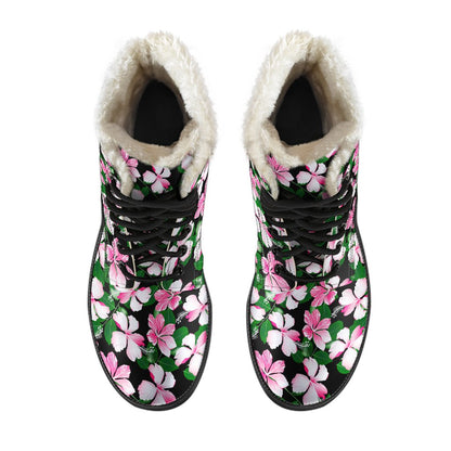 Hibiscus Pink Flower Hawaiian Print Faux Fur Leather Boots-JTAMIGO.COM