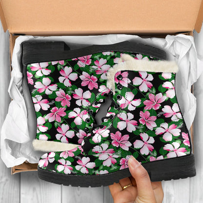 Hibiscus Pink Flower Hawaiian Print Faux Fur Leather Boots-JTAMIGO.COM