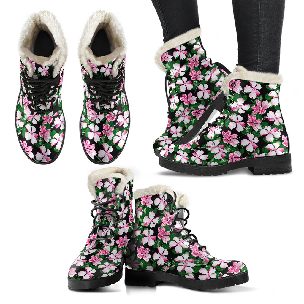 Hibiscus Pink Flower Hawaiian Print Faux Fur Leather Boots-JTAMIGO.COM