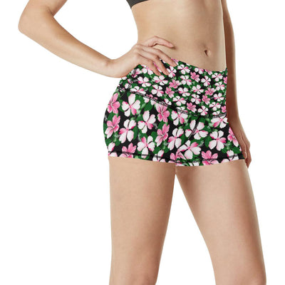 Hibiscus Pink Flower Hawaiian Print High Waisted Spandex Shorts-JTAMIGO.COM