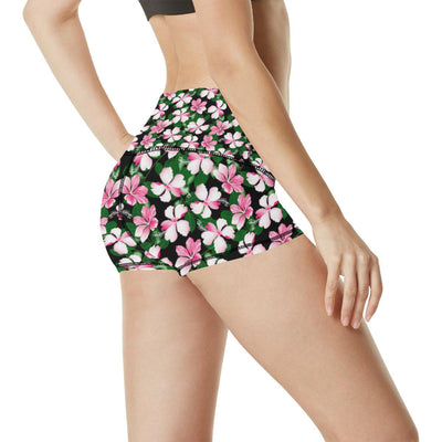 Hibiscus Pink Flower Hawaiian Print High Waisted Spandex Shorts-JTAMIGO.COM