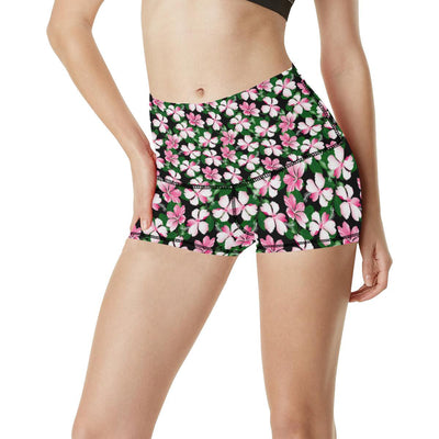 Hibiscus Pink Flower Hawaiian Print High Waisted Spandex Shorts-JTAMIGO.COM