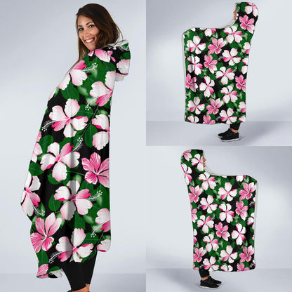 Hibiscus Pink Flower Hawaiian Print Hooded Blanket-JTAMIGO.COM