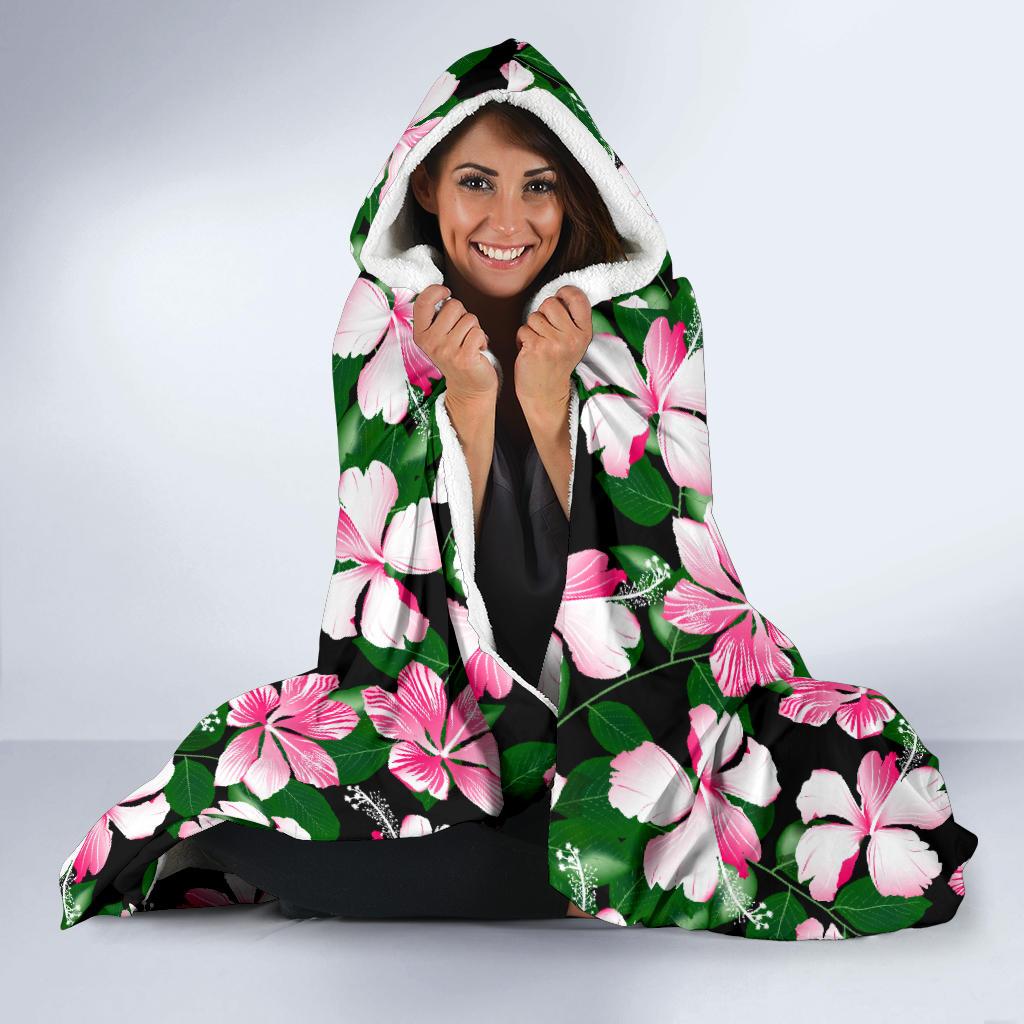 Hibiscus Pink Flower Hawaiian Print Hooded Blanket-JTAMIGO.COM