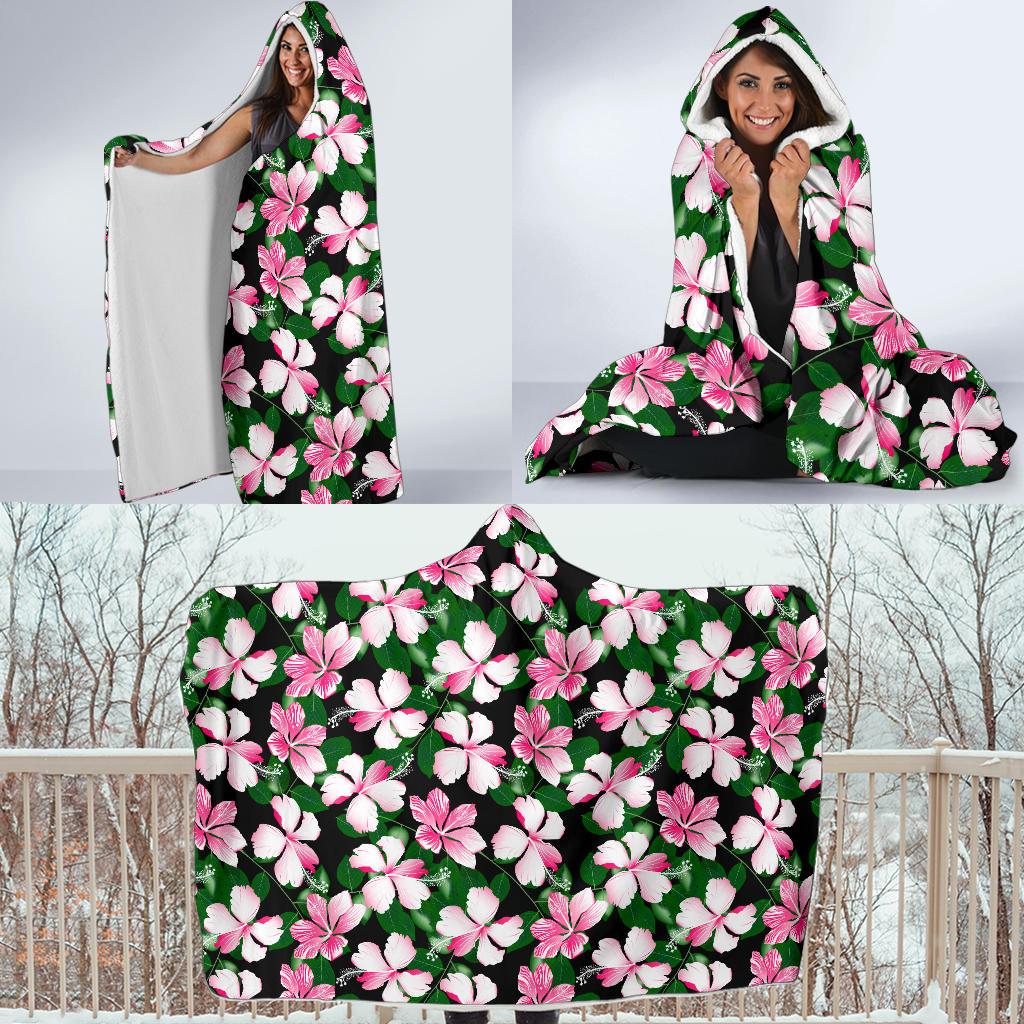 Hibiscus Pink Flower Hawaiian Print Hooded Blanket-JTAMIGO.COM
