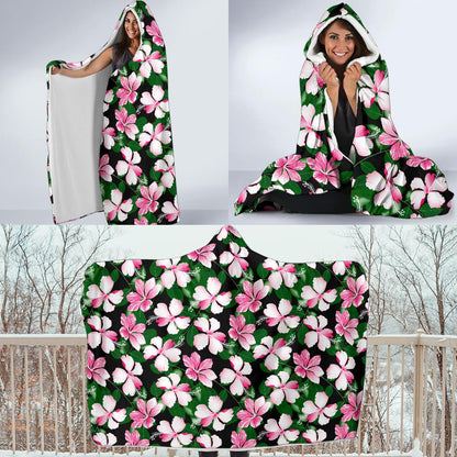 Hibiscus Pink Flower Hawaiian Print Hooded Blanket-JTAMIGO.COM