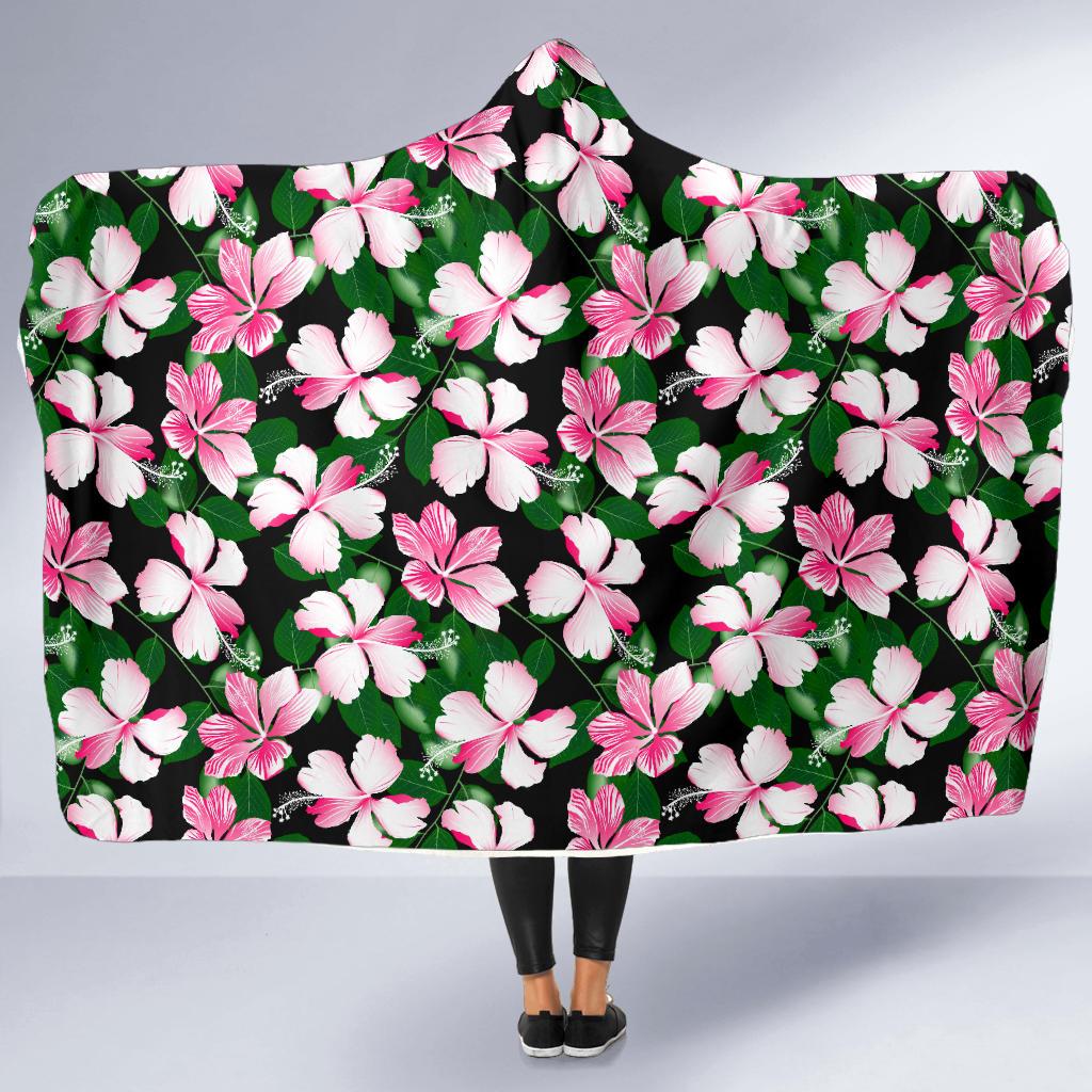 Hibiscus Pink Flower Hawaiian Print Hooded Blanket-JTAMIGO.COM