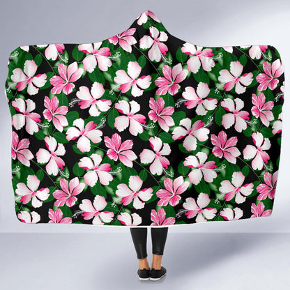 Hibiscus Pink Flower Hawaiian Print Hooded Blanket-JTAMIGO.COM