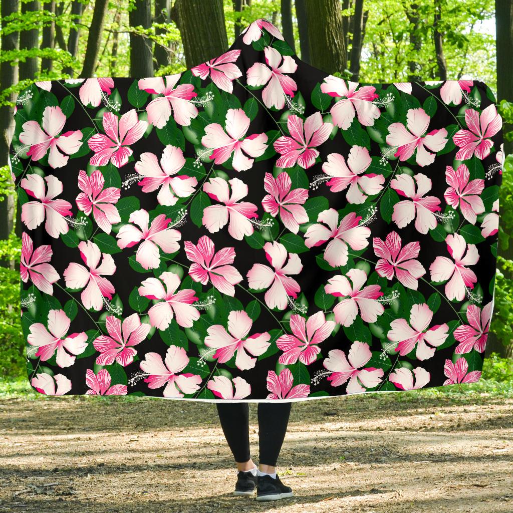 Hibiscus Pink Flower Hawaiian Print Hooded Blanket-JTAMIGO.COM