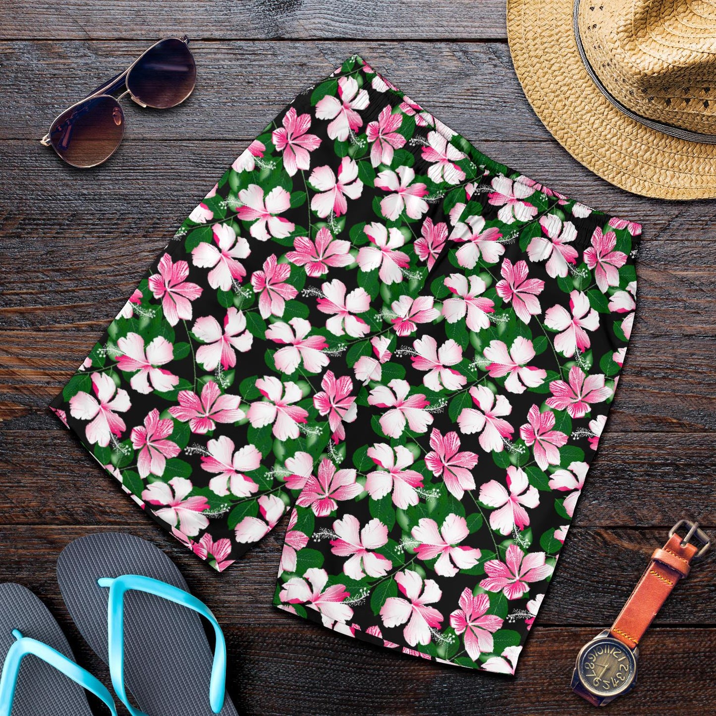Hibiscus Pink Flower Hawaiian Print Mens Shorts-JTAMIGO.COM