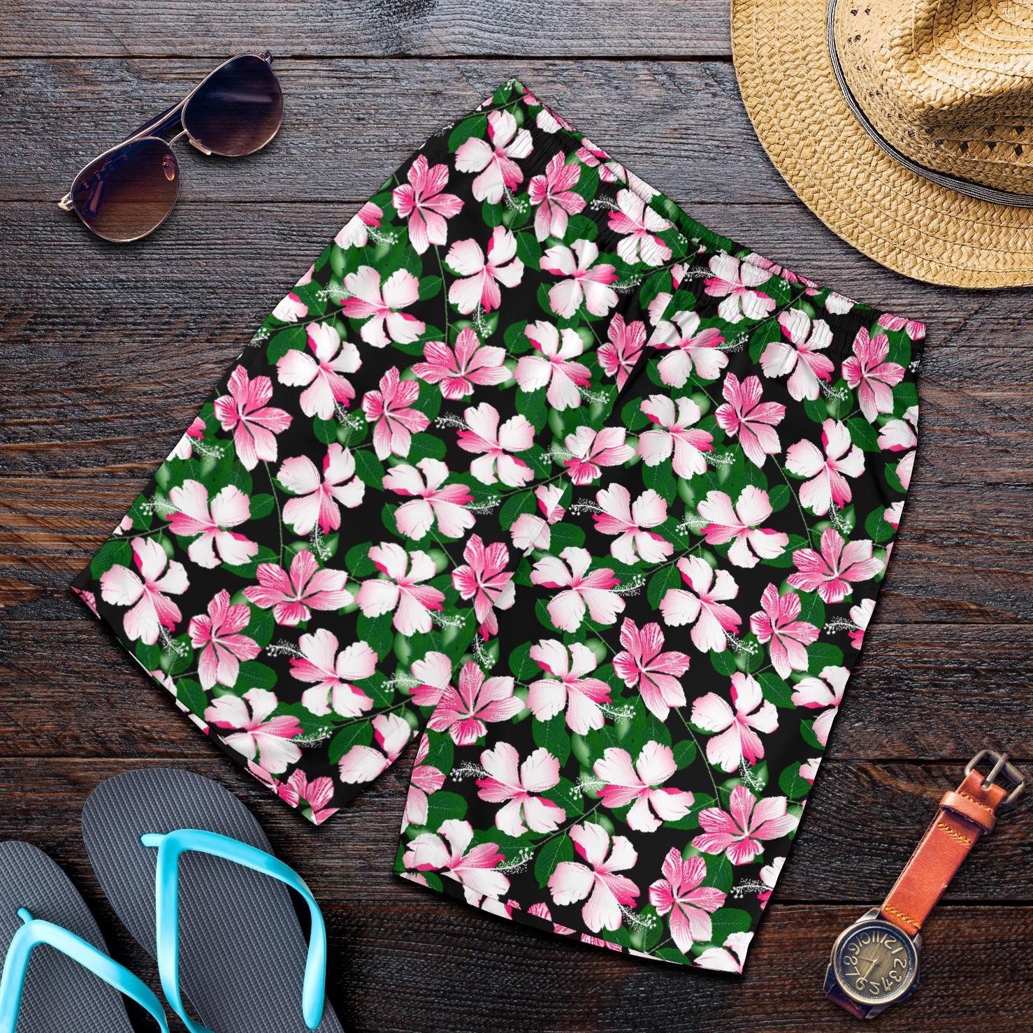 Hibiscus Pink Flower Hawaiian Print Mens Shorts-JTAMIGO.COM