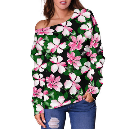 Hibiscus Pink Flower Hawaiian Print Off Shoulder Sweatshirt