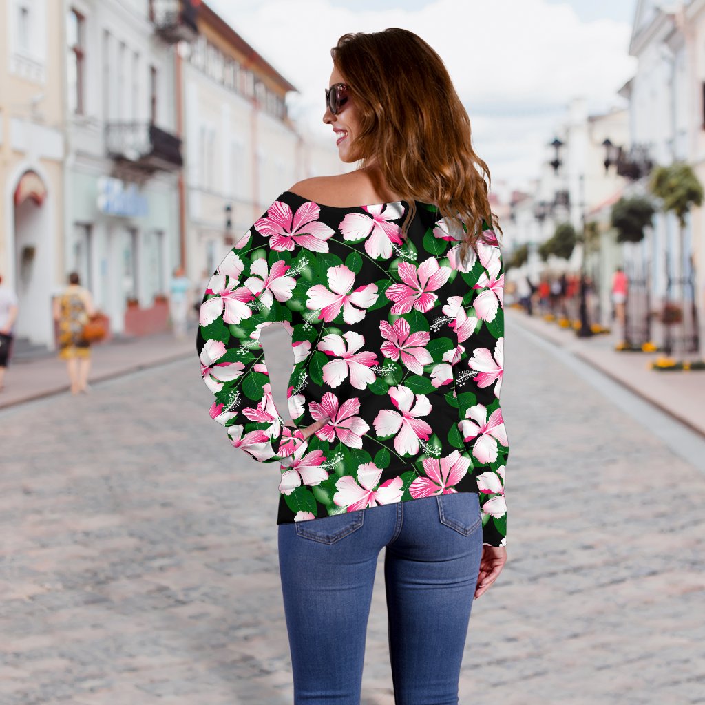 Hibiscus Pink Flower Hawaiian Print Off Shoulder Sweatshirt