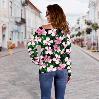 Hibiscus Pink Flower Hawaiian Print Off Shoulder Sweatshirt