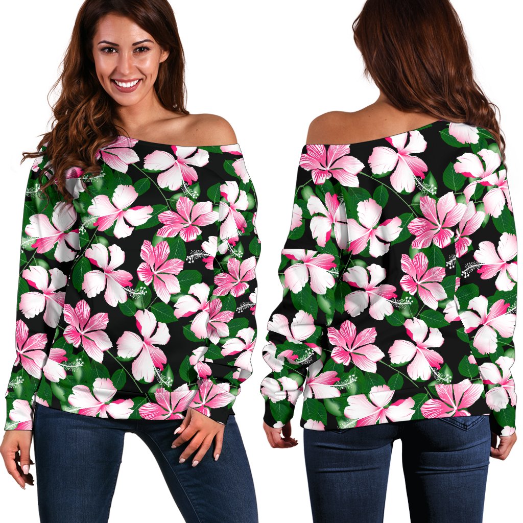 Hibiscus Pink Flower Hawaiian Print Off Shoulder Sweatshirt