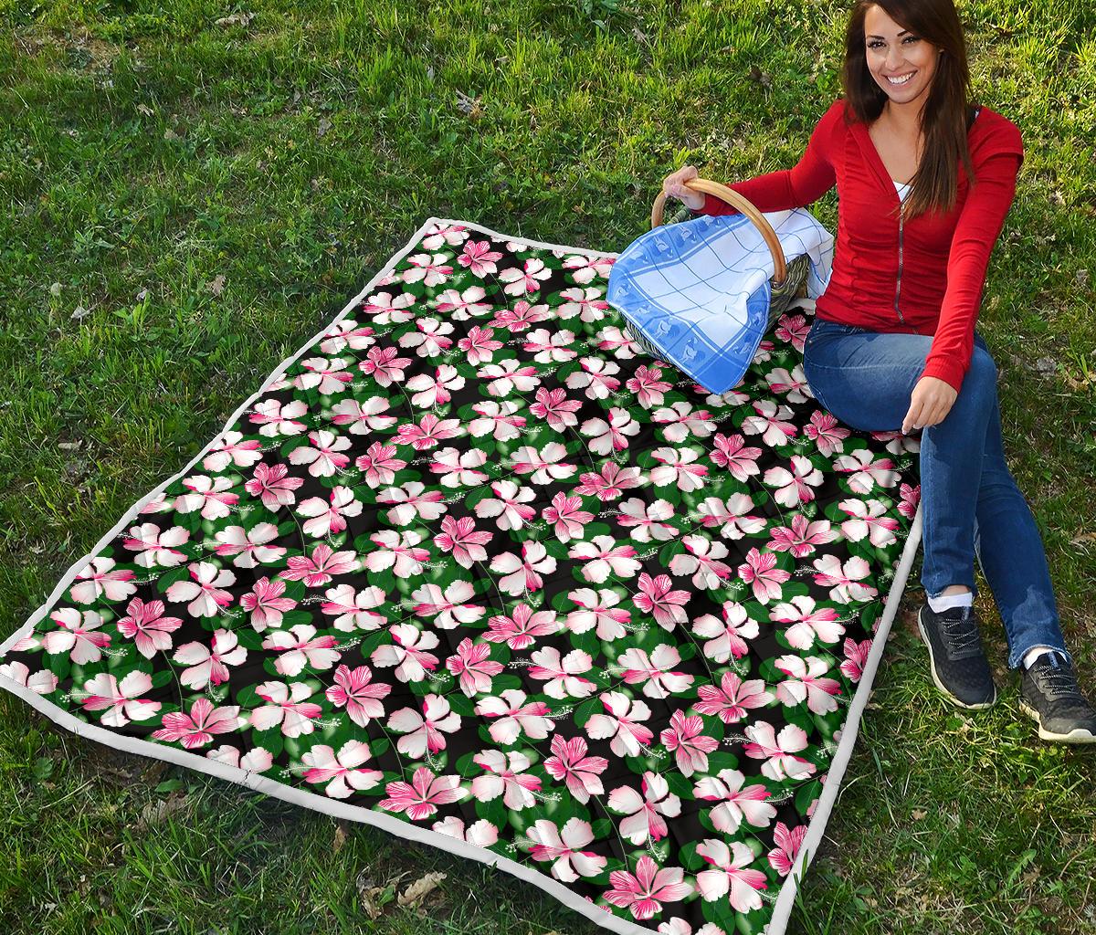 Hibiscus Pink Flower Hawaiian Print Premium Quilt-JTAMIGO.COM